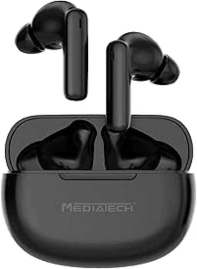 MediaTech Bluetooth Earbuds,Bluetooth 5.3, ANC (Active Noise Cancelling), 30H Playtime,10mm Drivers with Big Bass, AI Clear Calls with 4 Mics,Black, MT-E95, (1 Year Warranty)